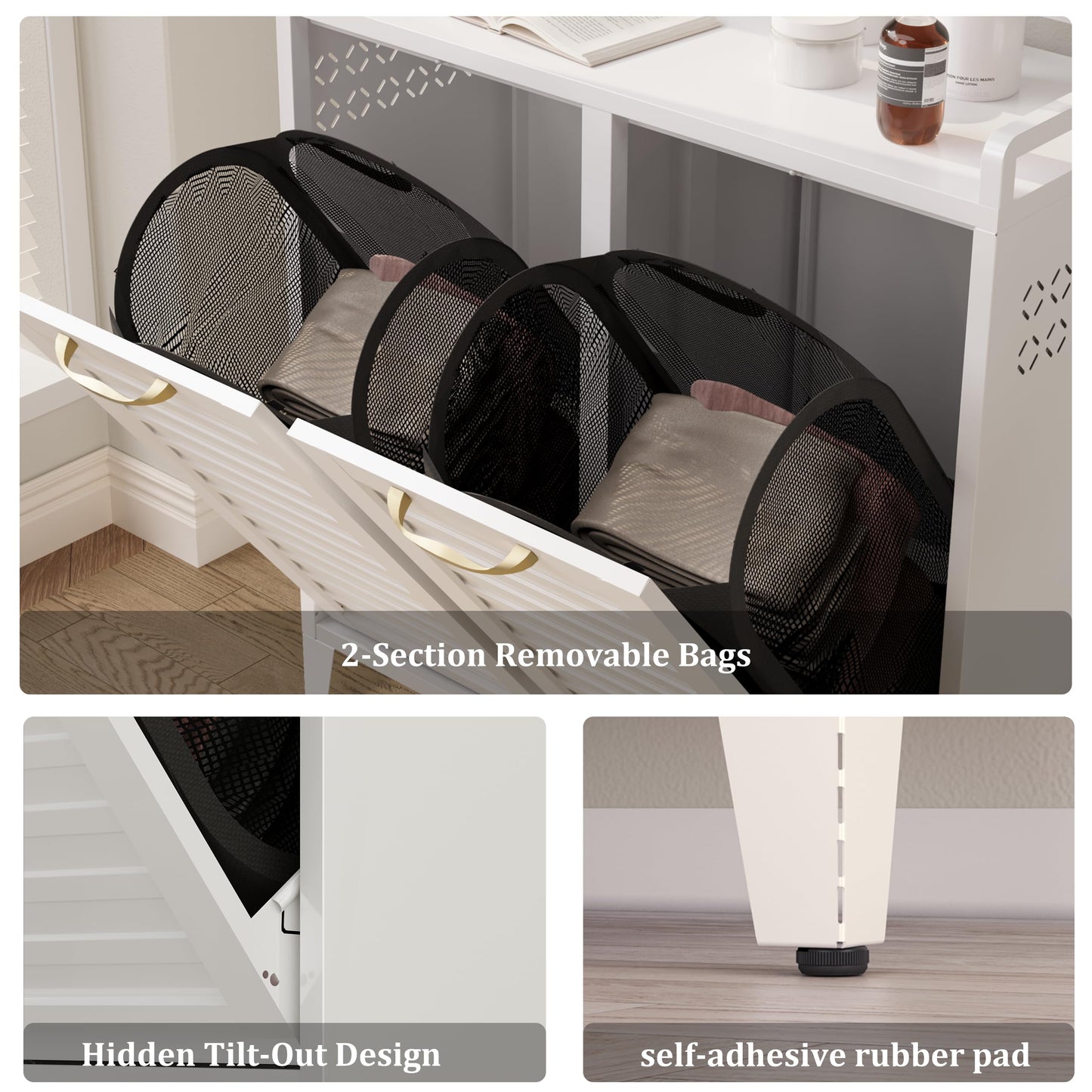 100L Dual Laundry Hamper with Wheels, Metal Rolling Laundry Cabinet with 2 Compartments and Removable Bags, Hidden Design