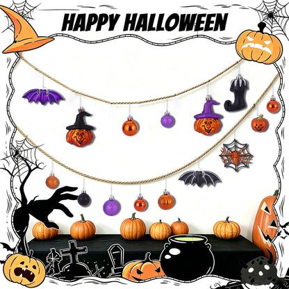 56pcs Halloween Hanging Ornaments for Tree Decorations, Shatterproof Plastic Hanging Halloween Ball Pendants with Pumpkin, Witches Hat Signs, Halloween Tree Decor Party, Holiday, Home (Multi New)