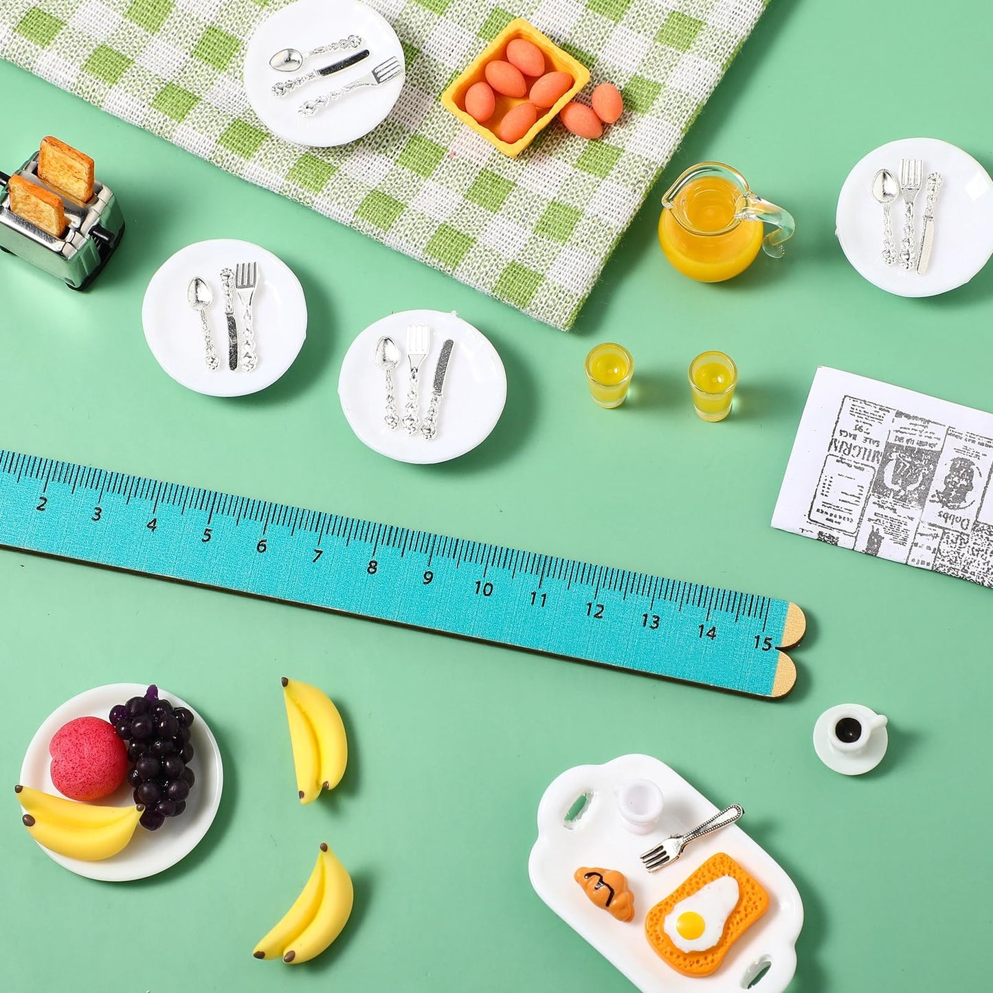44 Pieces 1: 12 Dollhouse Miniature Breakfast Kitchen Accessories Mini Toast Machine Bread Juice Milk Eggs Cups Fruits Plates Knife Fork Spoons for Dollhouse Kitchen Scene and Cake Topper Decor