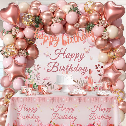 Rose Gold Birthday Decorations, Rose Gold Pink Nude Balloons Happy Birthday Banner Rose Gold Tablecloth Backdrop for Happy Birthday Decorations for Women Adults