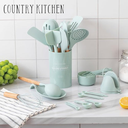 Country Kitchen Non-Stick Silicone Utensil Set - 38-Piece Cooking & Baking Tools in Mint