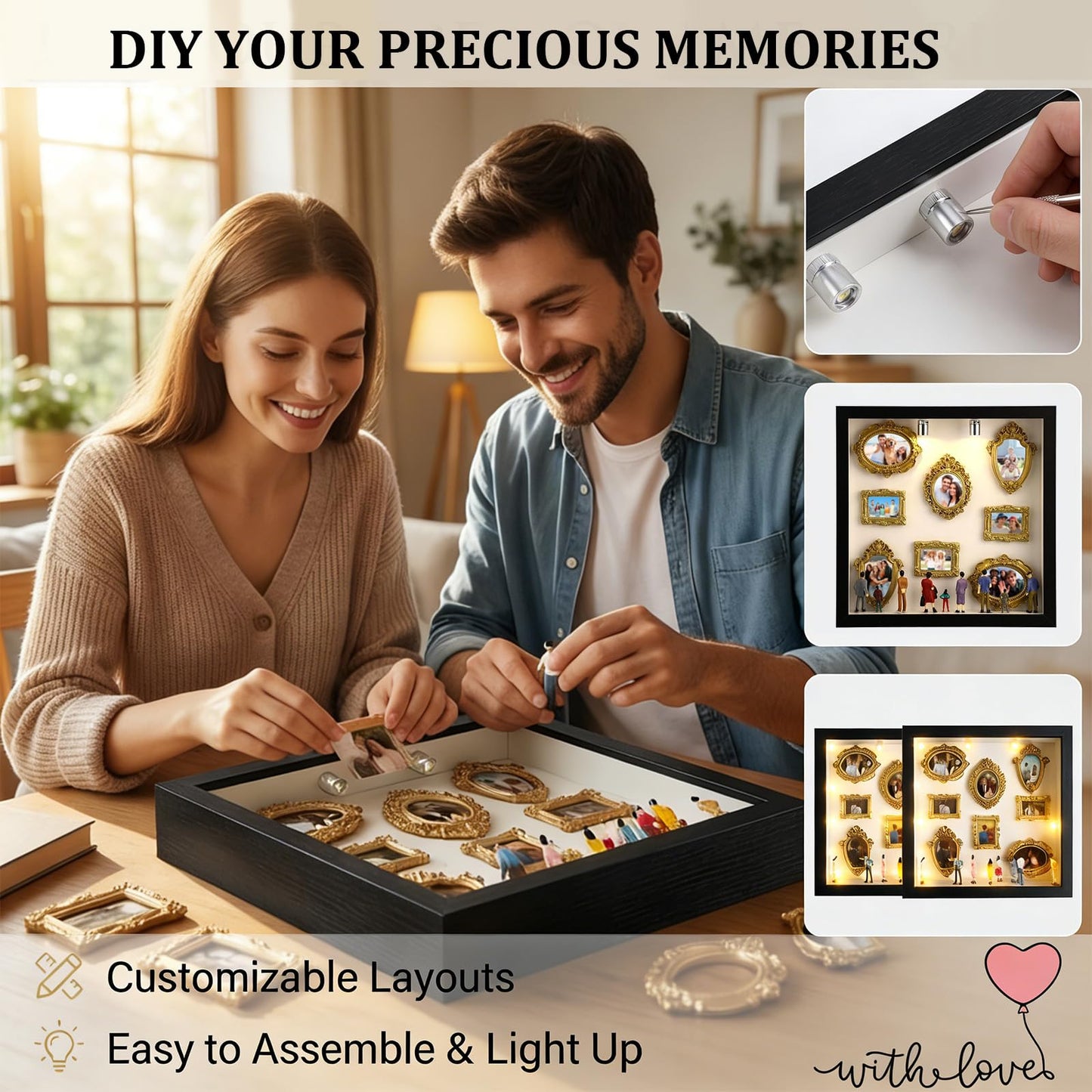 DIY Silhouette Shadow Box Frame Kit,Mini Frames for Shadow Box with Figurines and Small Bulb, Museum of us-Custom Memory Collage Frame for Pictures, Crafts & Home Decor Gift (Black)