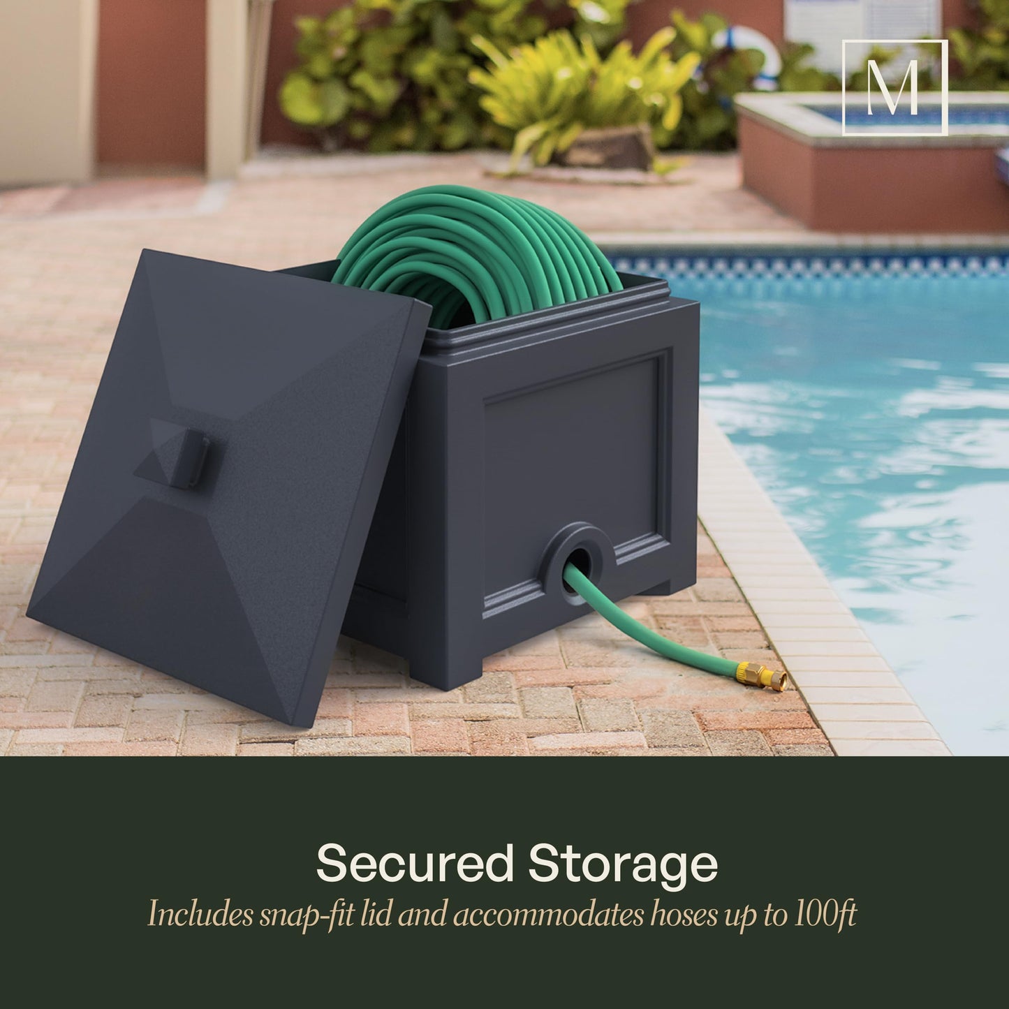 Mayne Fairfield Garden Hose Bin - Black - 17in L x 17in W x 18in H - Holds up to 100 ft. of standard garden hose (5858-B)