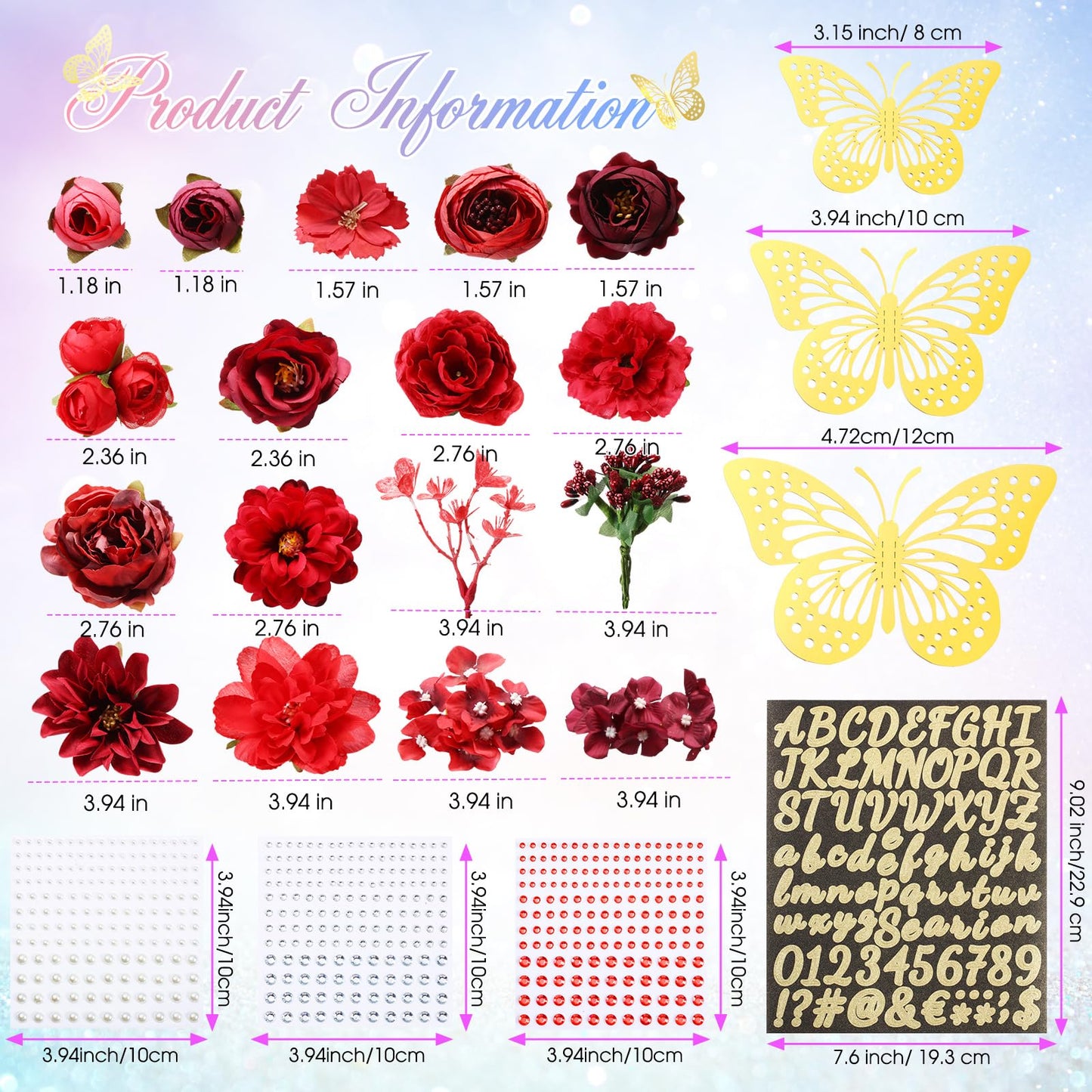 Hoteam DIY Graduation Cap Decorations Kit Included Faux Flowers 3D Butterfly Self Adhesive Rhinestones Glitter Alphabet Letter Stickers for 2026 Grad Cap Topper Party Gifts Decor(Red)