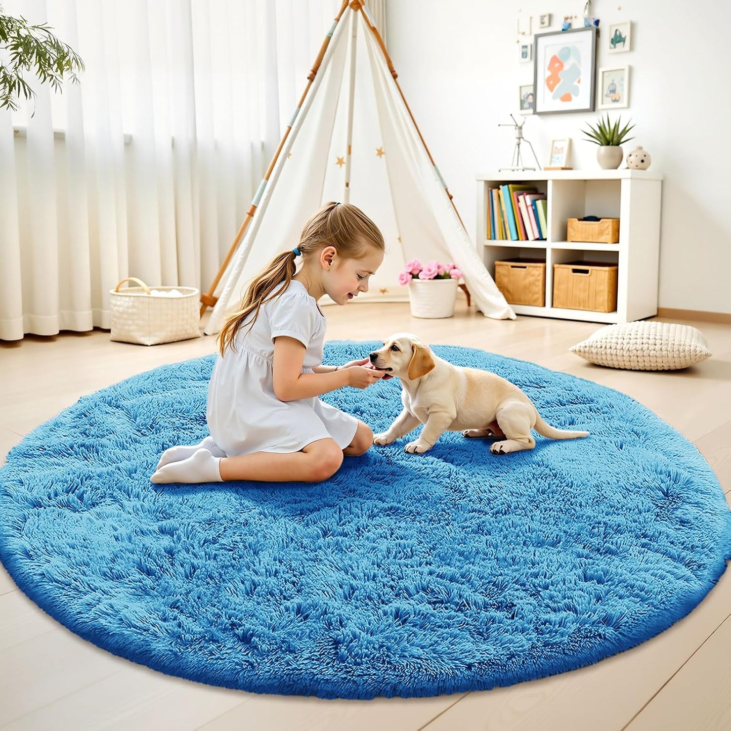 OLANLY Bright Blue Round Rug - Soft, Fluffy, Machine Washable 8 ft Circle Area Rug for Bedroom & Living Room Decor