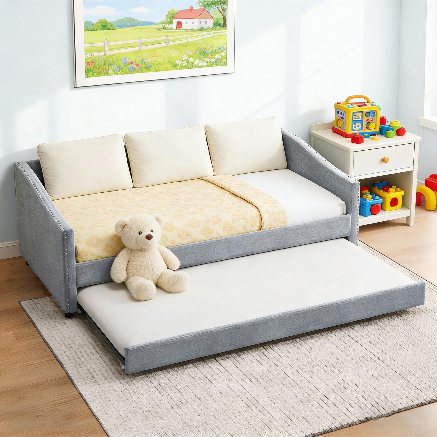 FAVSH Upholstered Daybed with Trundle, Twin Size Day Bed w/Button-Tufted Back and Piping on Waved-Shape Arms for Bedroom or Guest Room, No Box Spring Required, Light Gray