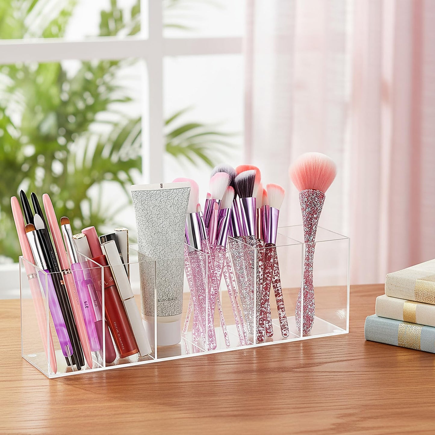Caeuiciw 2 Pcs Acrylic Pen Holder 6 Compartments Makeup Brush Stationery Organizer Pencil Holder for Accessories Cosmetic Brushes Office Bathroom Kitchen Supplies,Clear