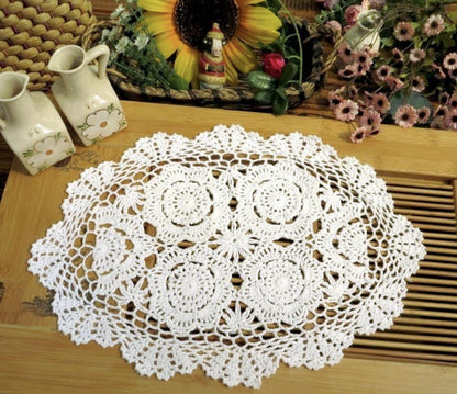 Phantomon Handmade Crochet Cotton Lace Placemats, Pack of 4 Oval Shape Doilies, White, 12 x 17 inch