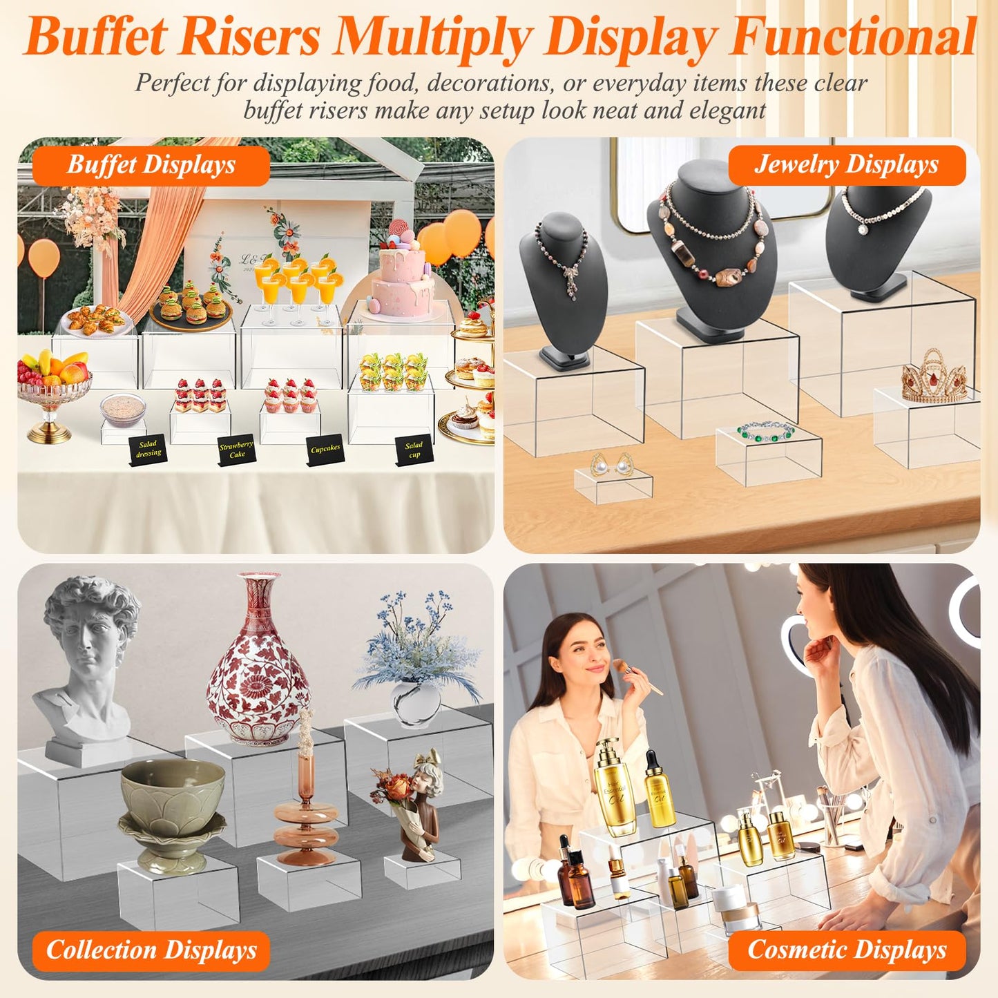 8 Pcs Clear Acrylic Buffet Risers with Mini Sign and Maker,Buffet Risers and Stands Clear Food Display Risers for Buffet Table Party Catering Dessert Cupcake Collectibles (8" 7" 6" 5" 5" 4" 4" 3")