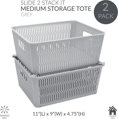 Simplify 2Pk Large Slide Stack It Tote Basket, Open Bins for Storage & Organization, Bathroom, Crafts, Office (Grey)