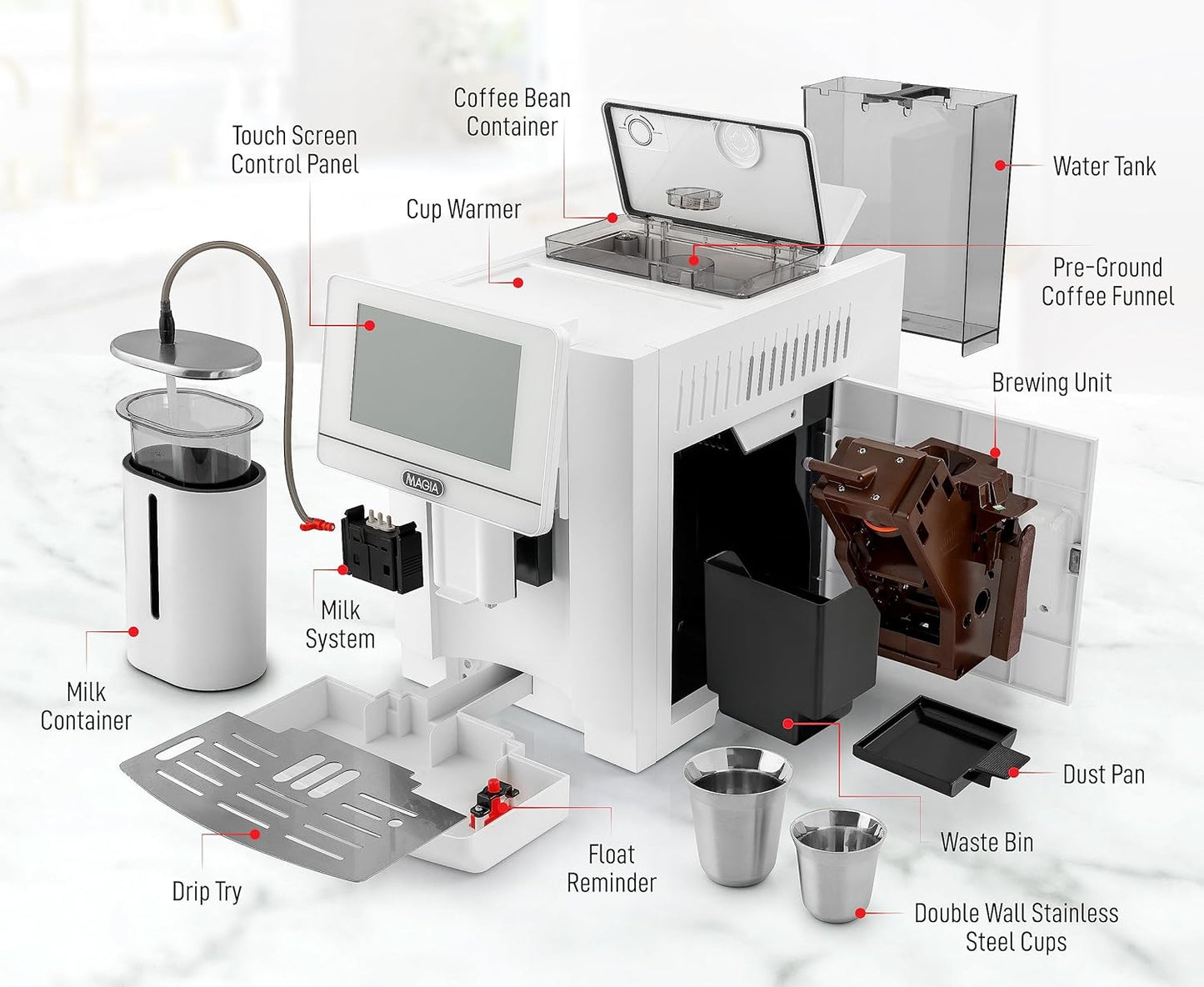 Zulay Magia Fully Automatic Espresso Machine - 19 Customizable Coffee Options | Includes Insulated Milk Container & Deluxe Cups - Auto-Cleaning - OG White