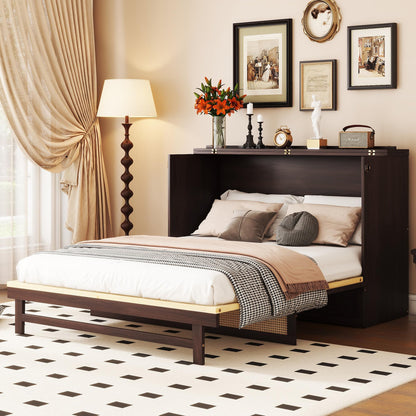 Ball & Cast Hideaway Cabinet Bed Queen Size,Wood Rattan Murphy Bedframe with Storage Drawer,Wall Platform can be Folded up,Space-Efficient Design,for Apartment,Bedroom,Espresso