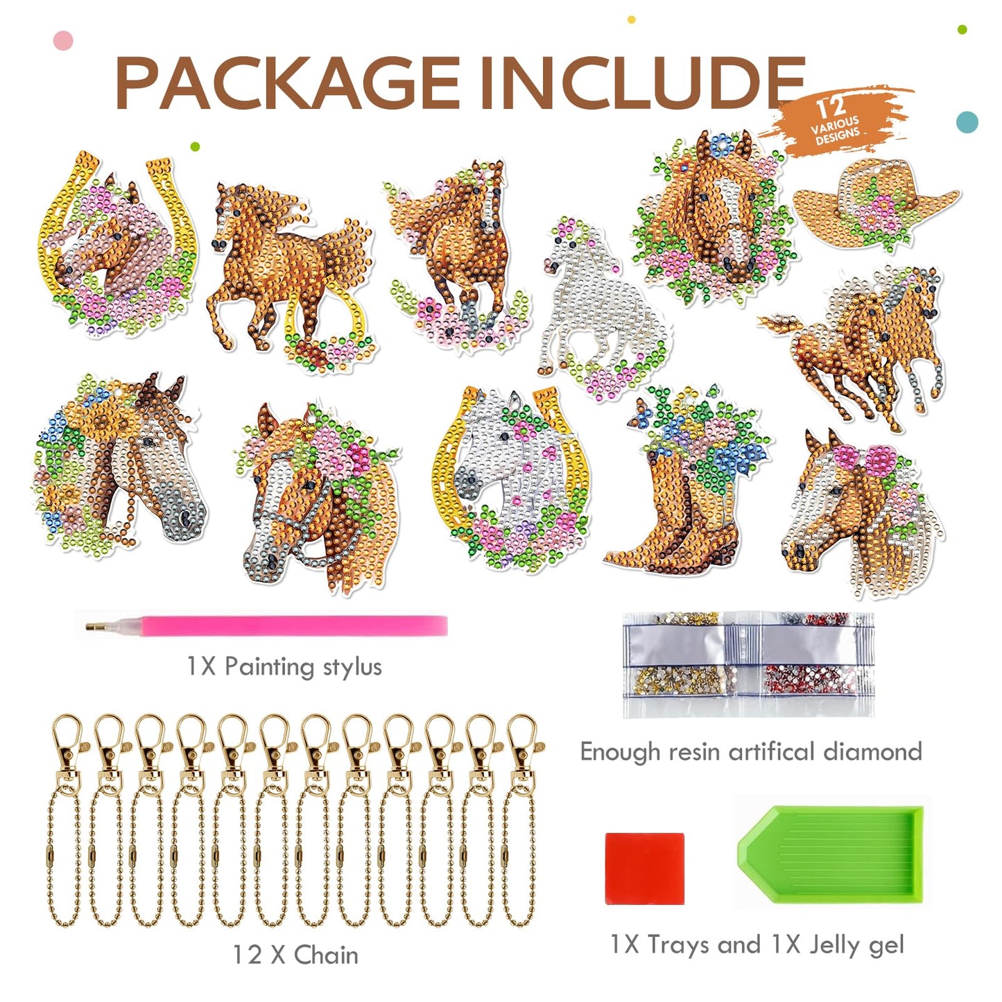 Keluna Diamond Art Horse Keychains - 12 Pcs Diamond Painting Keychains Kits, Western Cowboy Watercolor Flower Horse, DIY Key Chain Crafts Art Kits for Adult