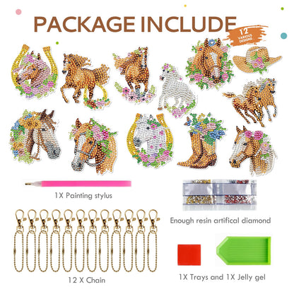 Keluna Diamond Art Horse Keychains - 12 Pcs Diamond Painting Keychains Kits, Western Cowboy Watercolor Flower Horse, DIY Key Chain Crafts Art Kits for Adult