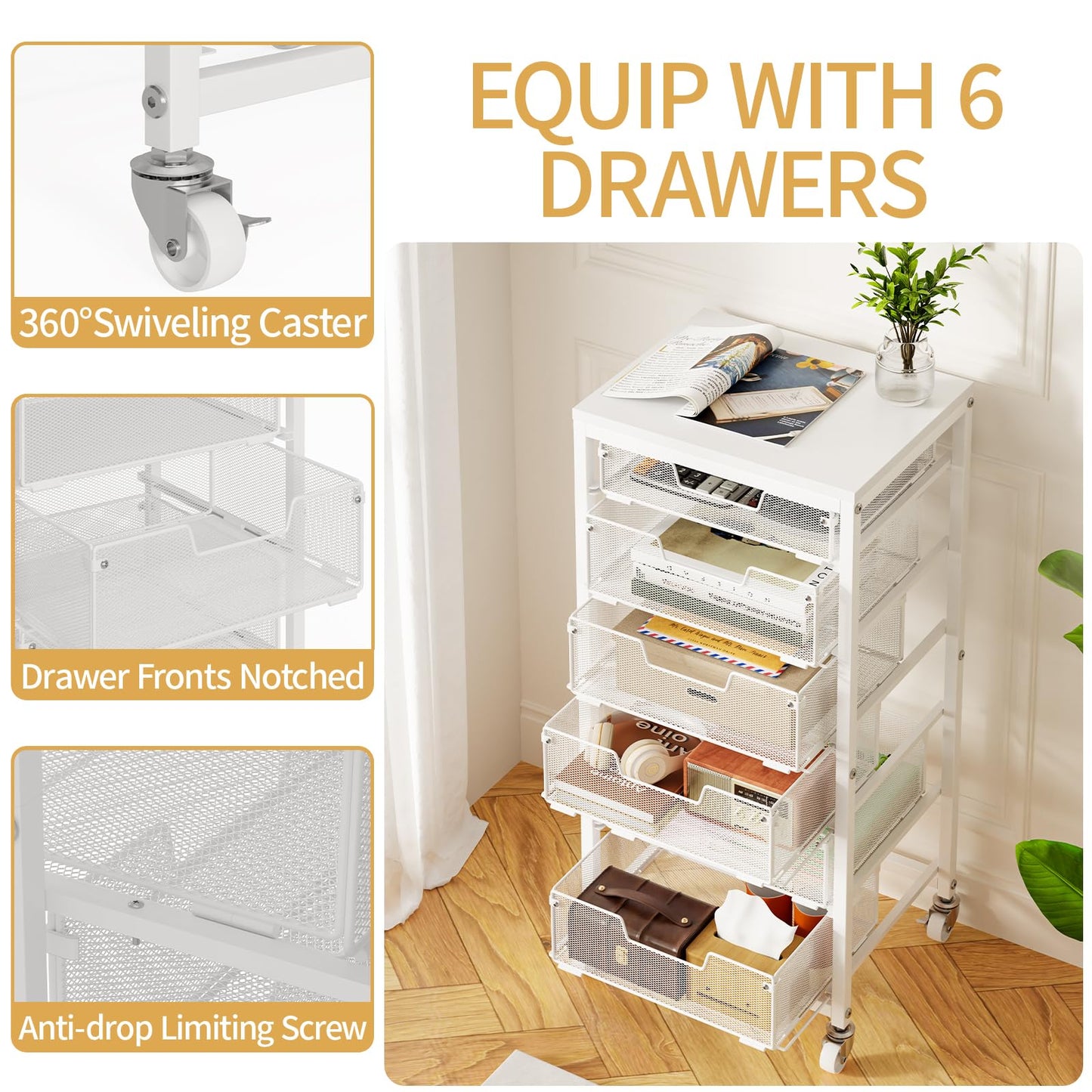 Sbanmao 6 Drawers Rolling Utility Cart, Rolling Storage Cart with Wooden Tabletop, Storage Drawer Cart on Lockable Wheels, Craft Cart for Bedroom, Classroom, Office, White
