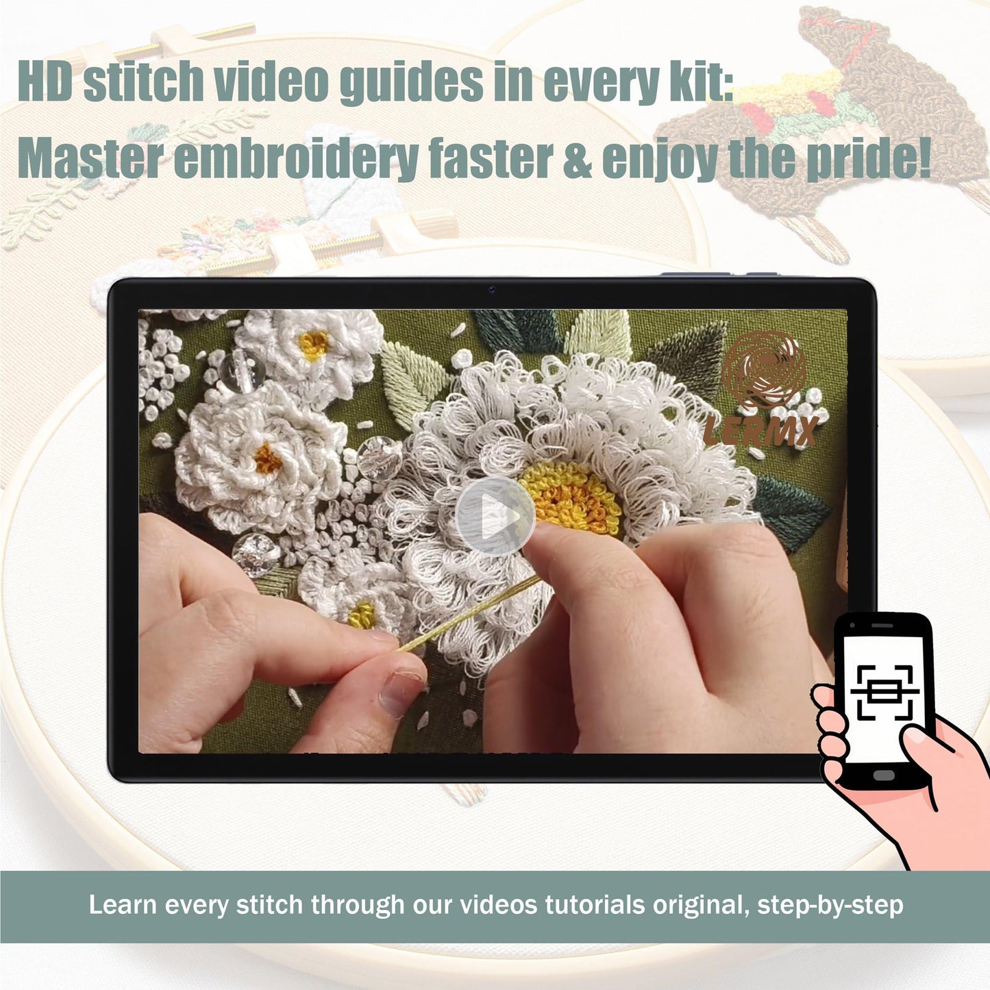 LX LERMX Embroidery Kits for Beginners, Adult Starter Cross Stitch Kit Needlepoint Complete DIY Kit with Unique Patterns, Hoop, Colorful Threads, Tools, Step by Step Instructions & Video Tutorial