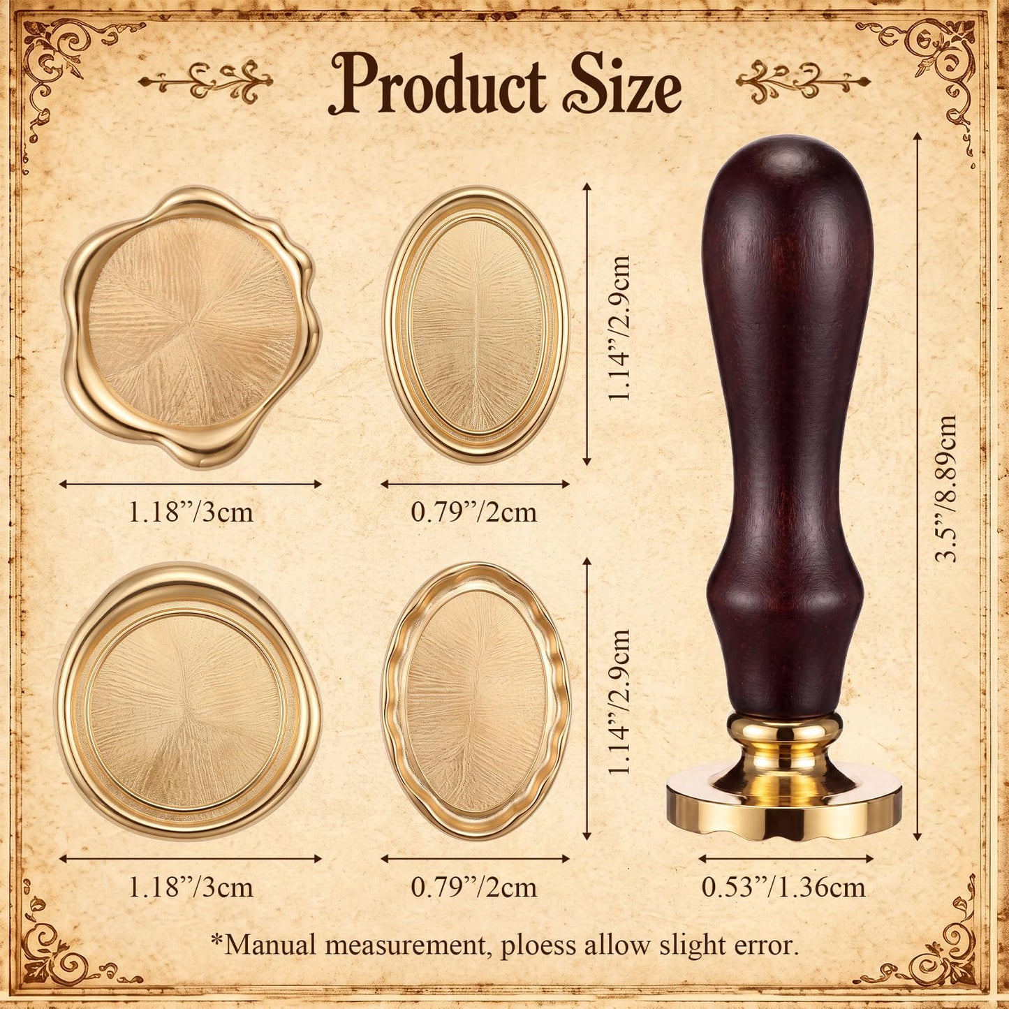 Jetec 4 Pcs Minimal Frame Wax Seal Stamp Kit, Brass Heads Beechwood Handle with Brass Round and Oval Design for Wedding Invitations Envelope Sealing Gift Wrapping DIY Crafts