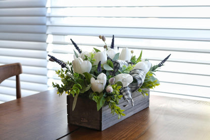 Spring Table Decor Faux White Tulips Arrangement, Spring Easter Tabletop Floral Centerpiece, Artificial Tulip Lavender Eucalyptus Boxwood and Bow in Rectangular Wood Box for Home Decoration, 14in