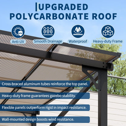 10x12ft Lean to Gazebo with Polycarbonate Hardtop Roof - Hardtop Wall Pergola, Aluminum Frame Wall Mounted Gazebo for Patio, Deck, Yard, Garden & Party Shade