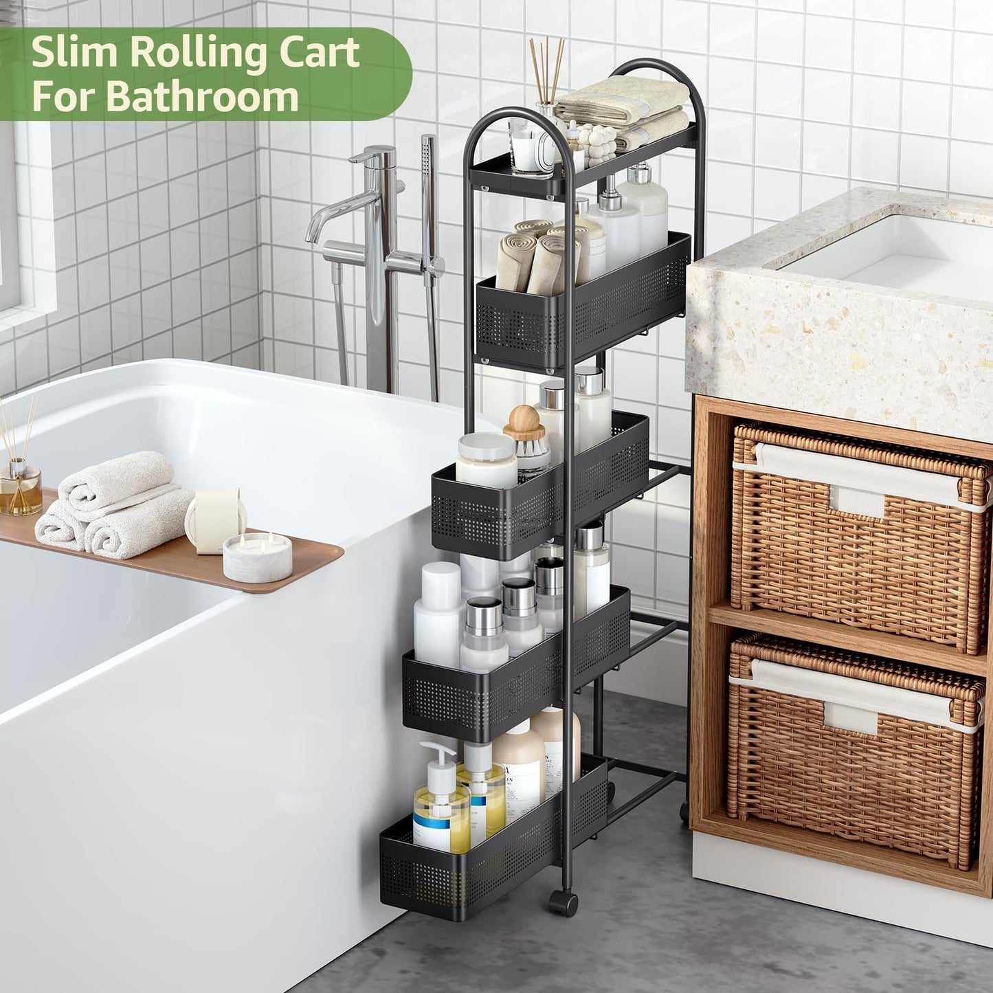 KINGRACK Slim Storage Cart with Drawer, 5-Tier Rolling Utility Cart on Wheels, Narrow Metal Cart for Space Save, Easy Assembly for Kitchen Cart, Craft Cart, Laundry, Bathroom, Nursery Organizer