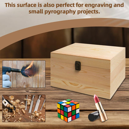 VIKOS Products 10.71x8x5.66-Inch Unfinished Wooden Box with Hinged Lid & Front Clasp for DIY Art Project Crafts Woodcraft Keepsake - Easy to Stain Paint Wood Burning