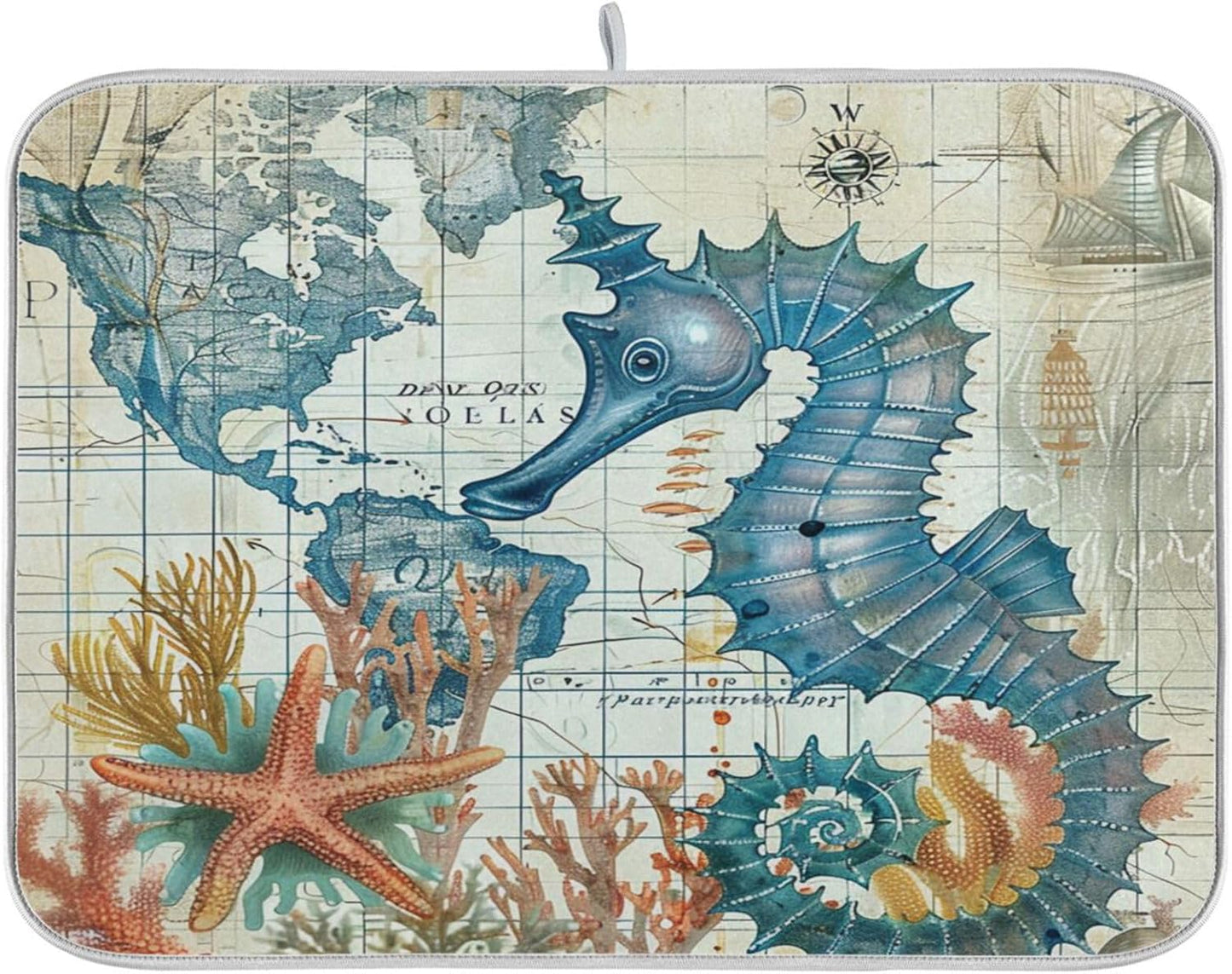 Nautical Ocean Seahorse Dish Drying Mat, 16x18 in Retro Map Microfiber, Absorbent Reversible Kitchen Accessories