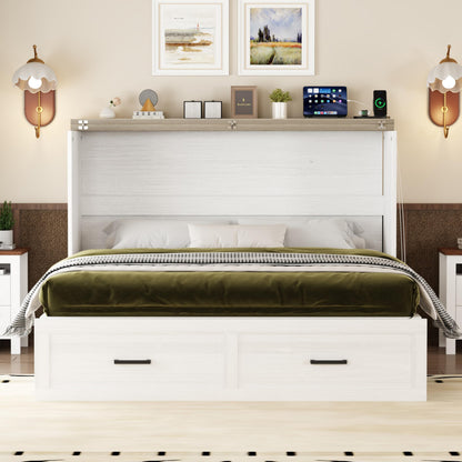 Ball & Cast Murphy Bed Queen,Farmhouse Hideaway Cabinet Bed with Charging Station and Large Storage Drawer,Foldable Wall Murphy Beds w/Slat Support,Space-Saving Furniture for Study,Office,White