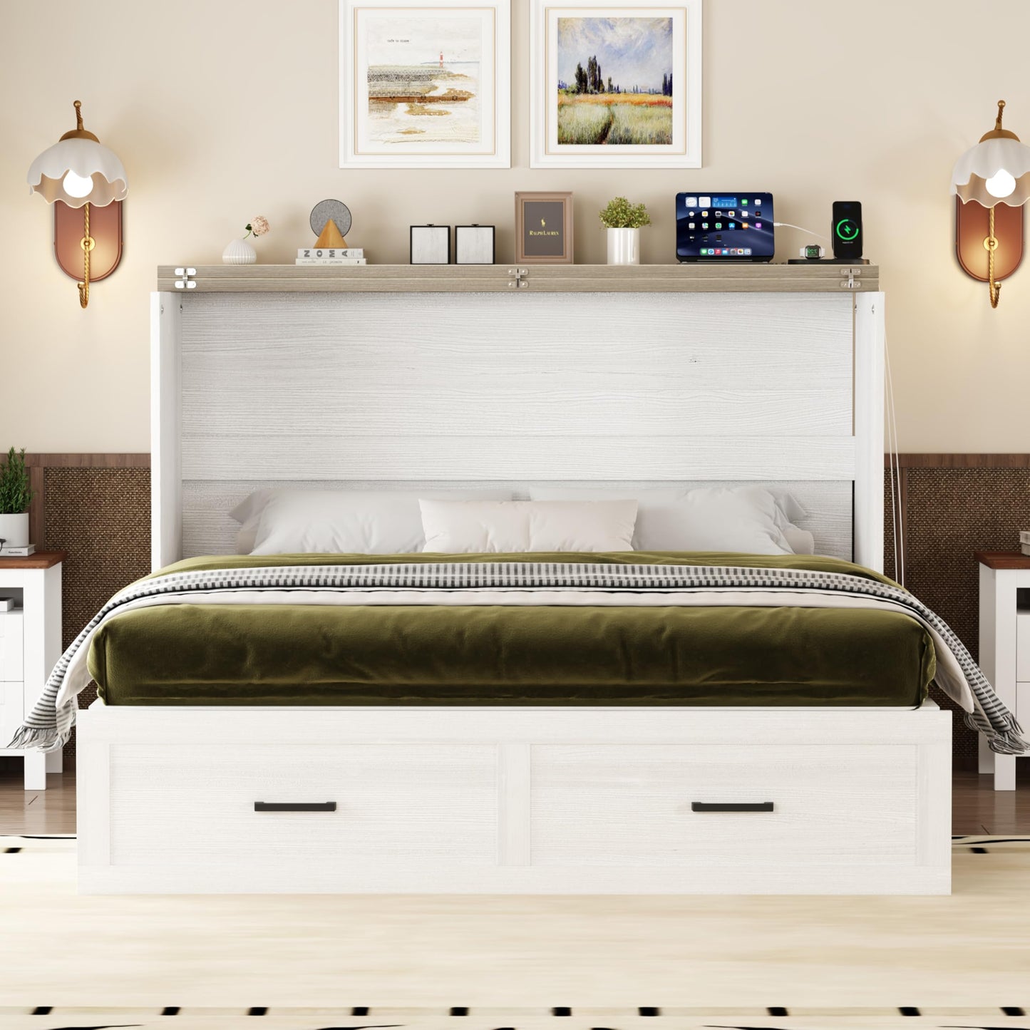 Merax Modern Farmhouse Solid Wood Murphy Cabinet Bed with Charging Station, Foldable Wall Platform Bed with Storage Drawer/No Box Spring Needed/Easy Assemble/Queen, White