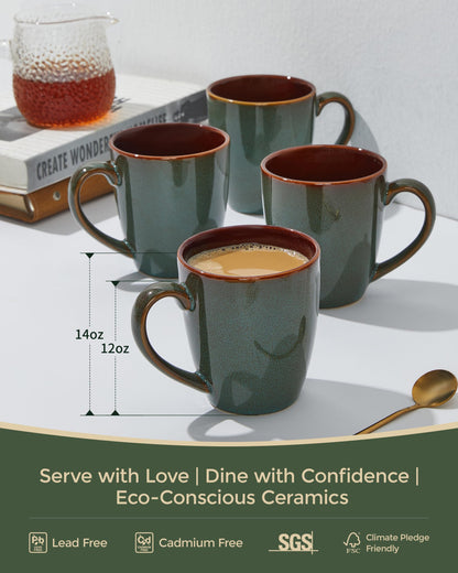 Pokini Coffee Mug 14 oz, Ceramic Coffee Mugs Set of 4, Reactive Glaze Mug for Latte/Tea/Cappuccino, Large Stackable Mug Set for Men, Women, Dad, Mom, Dishwasher & Microwave Safe, Brown Green