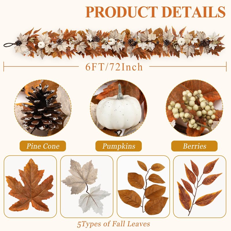 6 FT Fall Garland with Lights Automatic ON/Off Fall Leaves Mantle Garland with Pumpkins Berries Pinecones Outdoor Thanksgiving Christmas Autumn Centerpiece Decorations for Home Door Fireplace Porch
