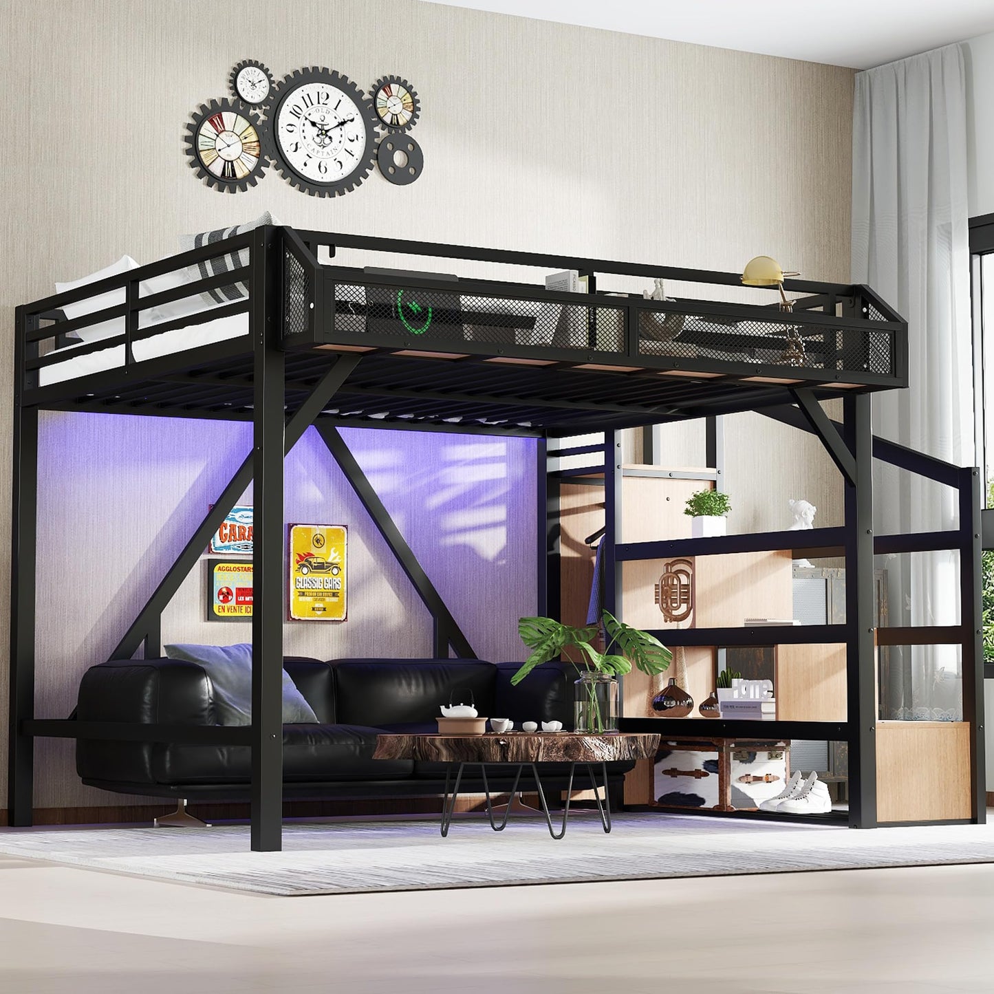 Queen Loft Bed with Stairs and Wardrobe, Queen Size Loft Bed with Charging Station, Lights and Bedside Shelf, Heavy Duty Loft Bed Frame for Adults, Teens, Kids, Noise Free, Natural Wood