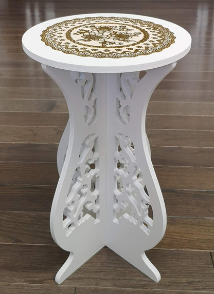 Asian Home (20.5" 10" Beautiful White PVC Board Flower Plant and Vase Stand Display with Intricate Carvings and Gold