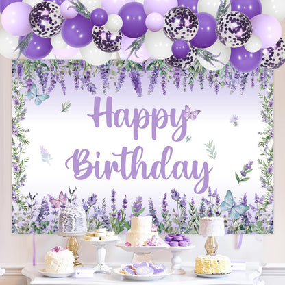 JOYMEMO Lavender Birthday Balloons Arch Kit, Purple Lavender Floral Butterfly Happy Birthday Backdrop Banner Artificial Flowers Decorations for Girls Women Bday Party Decor Supplies