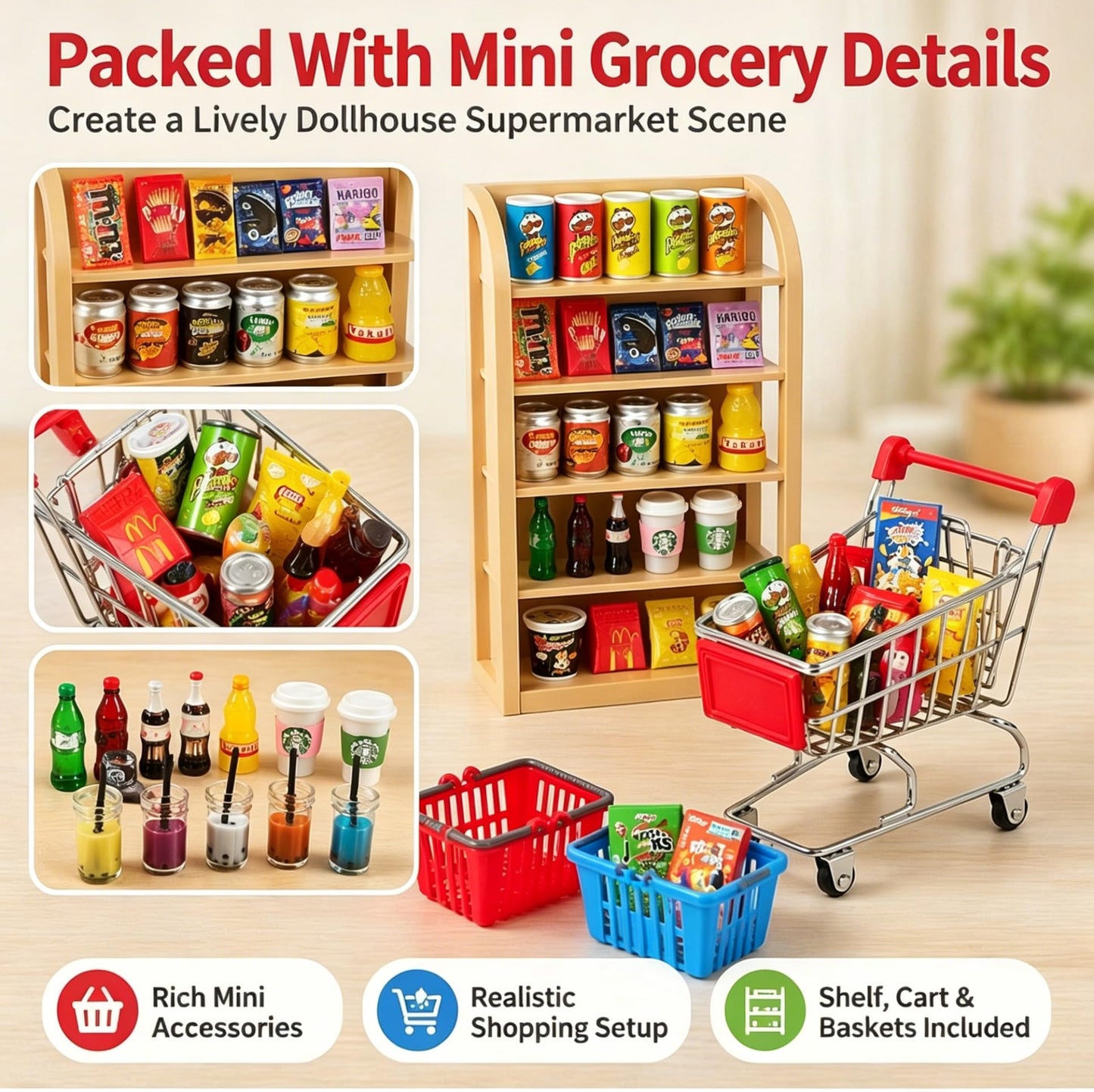 112pcs Miniature Dollhouse Grocery Set Shopping Cart Basket Food Drink Bottle Supermarket Metal Handcart Toys Doll House Store Cosplay Game Dollhouse Grocery Party Trolley Model Dollar Bills