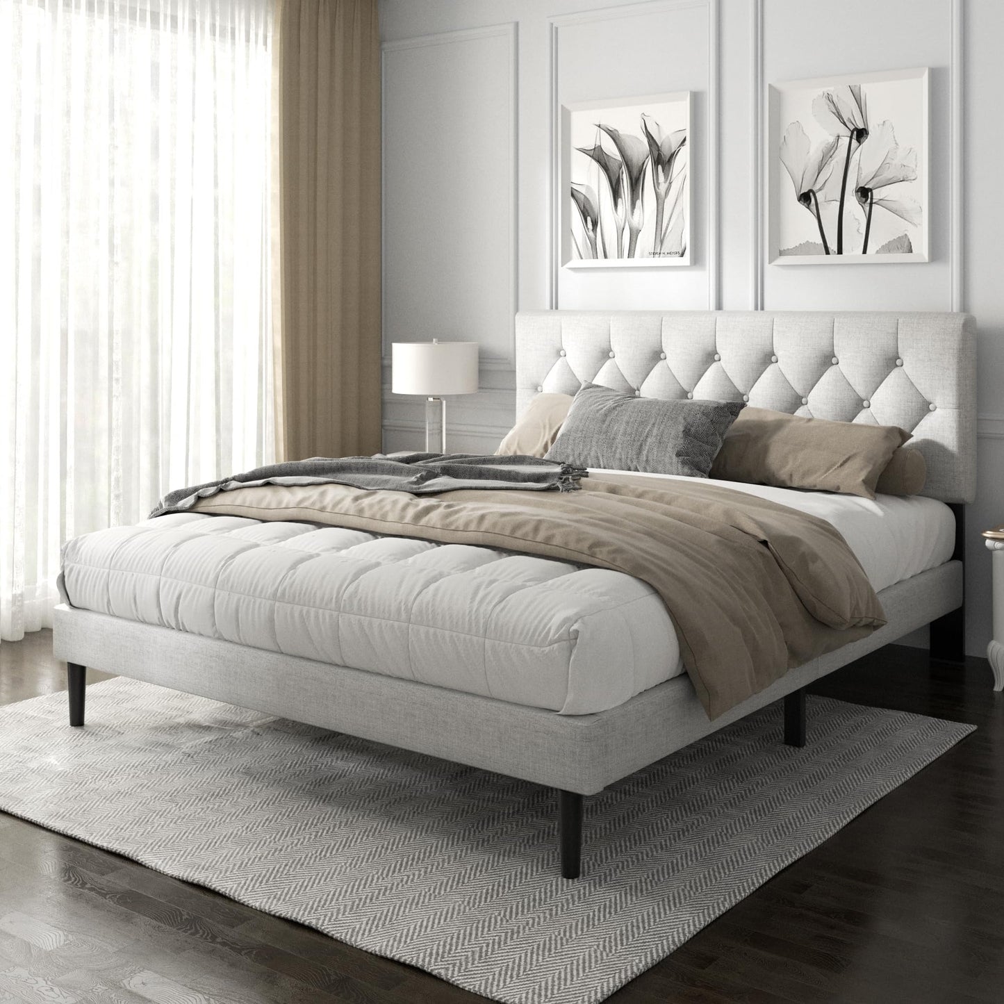 HAOARA King Size Platform Bed Frame with Upholstered Button Tufted Headboard, Mattress Foundation with Wooden Slat Support, Noise Free, No Box Spring Needed, Easy Assembly, Light Grey