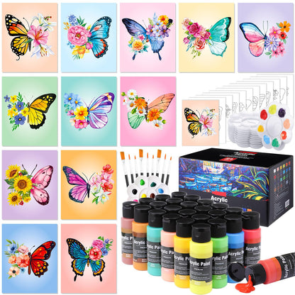 AmazingSpark 12 Set Paint and Sip Kit for Adults 8"x 10" Pre Drawn Canvas for Painting DlY Acrylic Paint Set with Brushes, 24 Colors(60ml, 2oz) for Date Night Party Supplies(Butterfly)