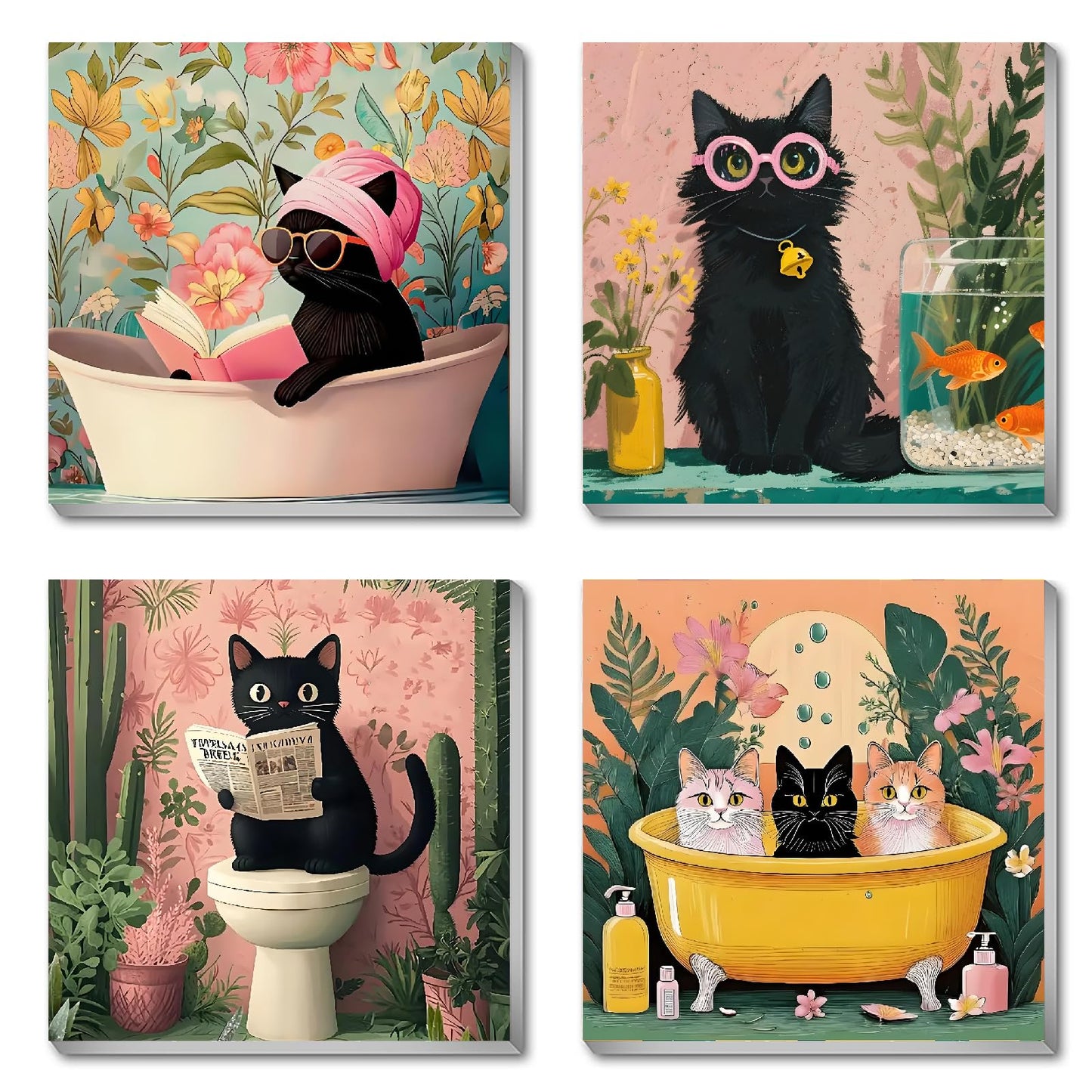 Canrichshop 4 Pack Cat Paint by Numbers for Beginner,Black Cat Adult Paint by Number Kits on Canvas Framed, DIY Number Paintings for Adults for Wall Home Decor 8X 8 inch