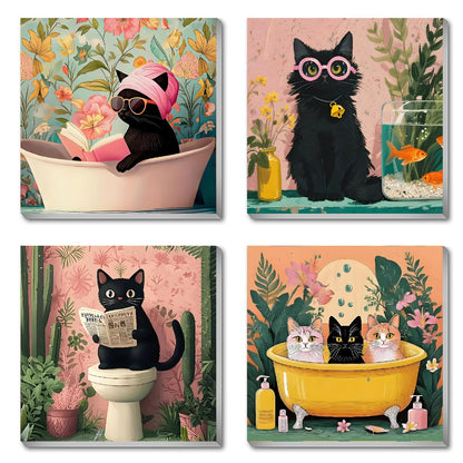 Canrichshop 4 Pack Cat Paint by Numbers for Beginner,Black Cat Adult Paint by Number Kits on Canvas Framed, DIY Number Paintings for Adults for Wall Home Decor 8X 8 inch