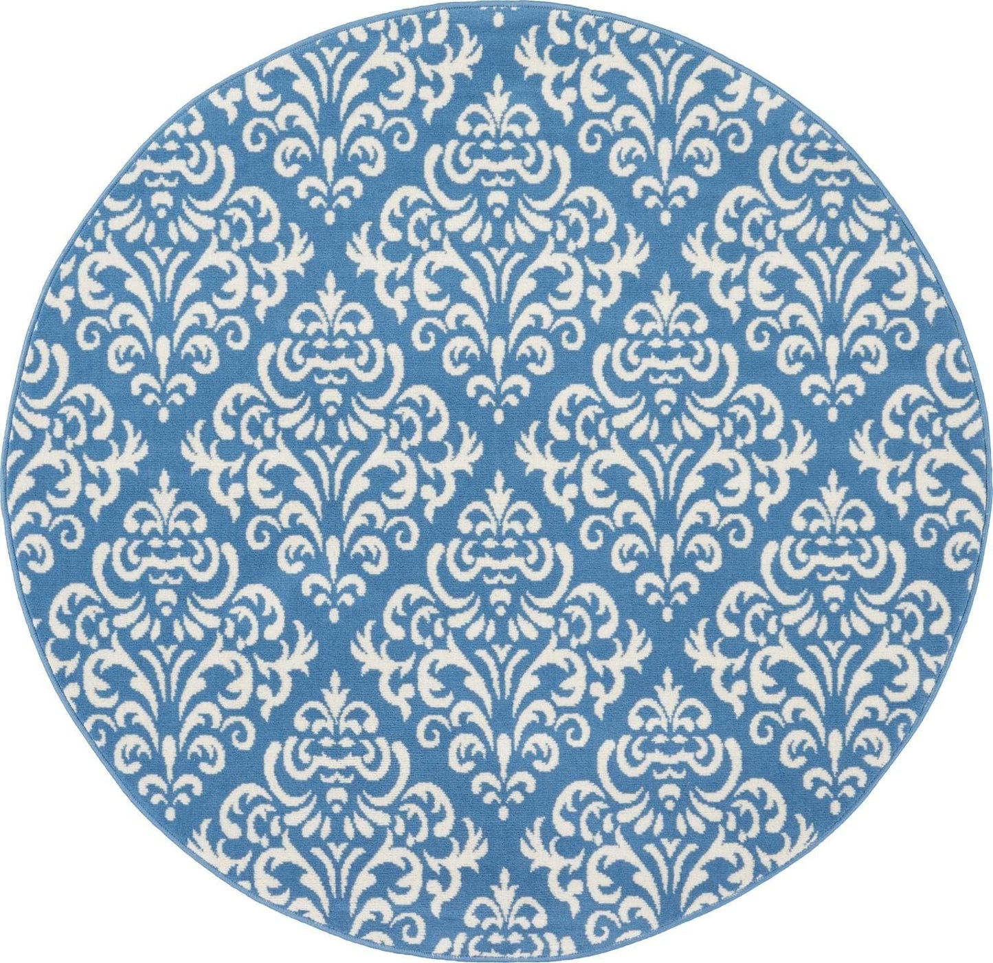Nourison Grafix Damask Blue Area Rug, 5'3" x ROUND, Easy-Cleaning, Non-Shedding for Bedroom, Living Room, Dining Room,