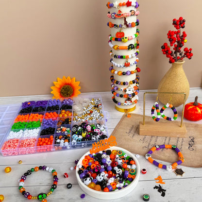 3140Pcs Halloween Beads for Bracelet Jewelry Making Kit, Halloween Clay Beads Black White Orange Purple Pumpkin Round Letter Star Skull Bead Bulk with Ghost Witch Hat Charm for DIY Craft Earring