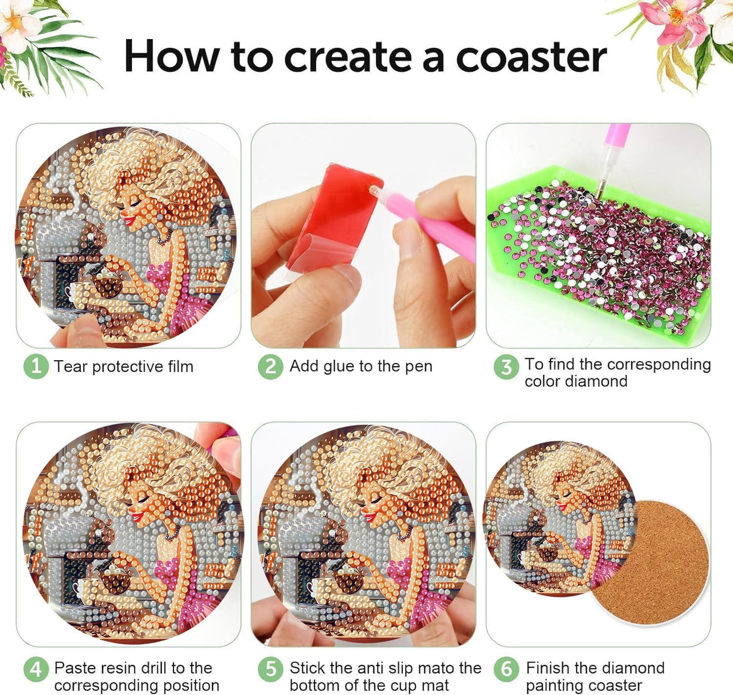 8 Pack Diamond Art Coasters Kits, Coffee Diamond Painting Coasters Kit Set with Holder Cork Pads, DIY Coffee Diamonds Art Non Slip Coaster Crafts Kits for Adults Beginners Gifts