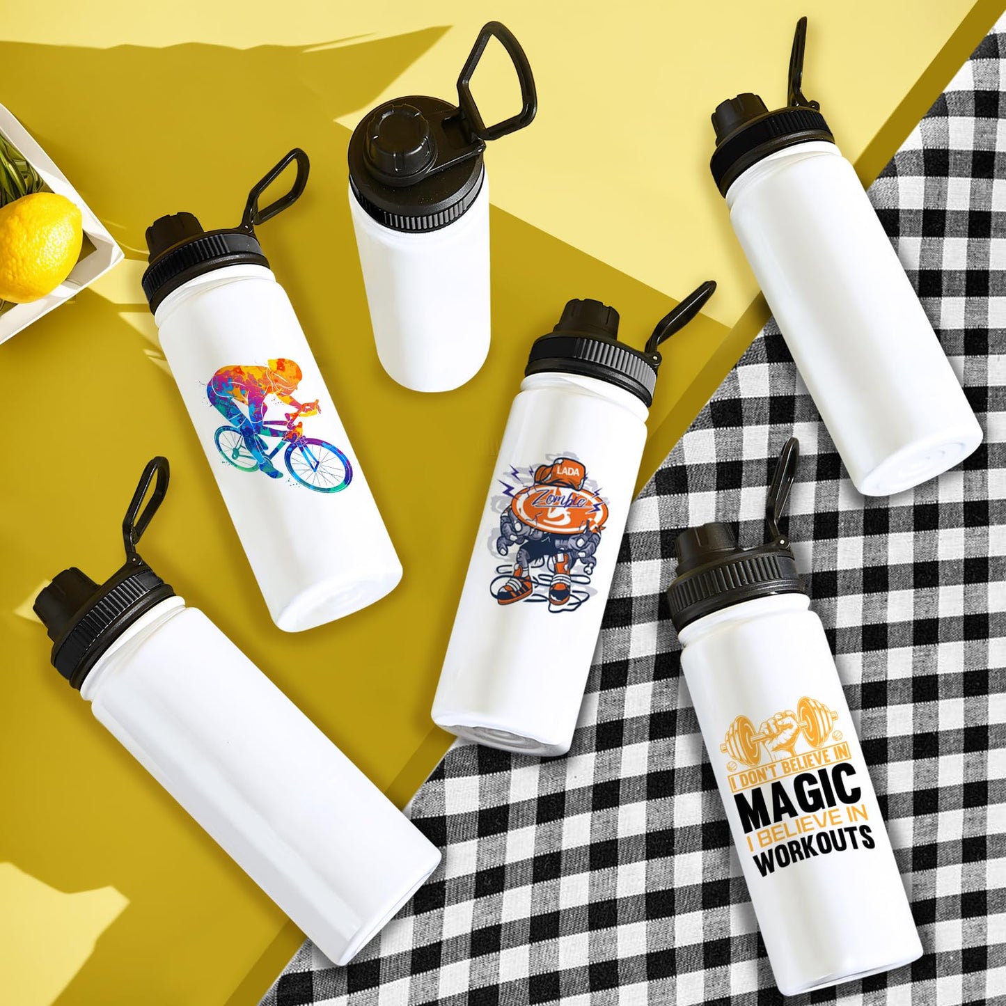 BetterSub Sublimation Sports Water Bottle Stainless Steel Insulated White Tumbler with Wide Mouth Lid and Straw 6 Packs (6packs 20oz)