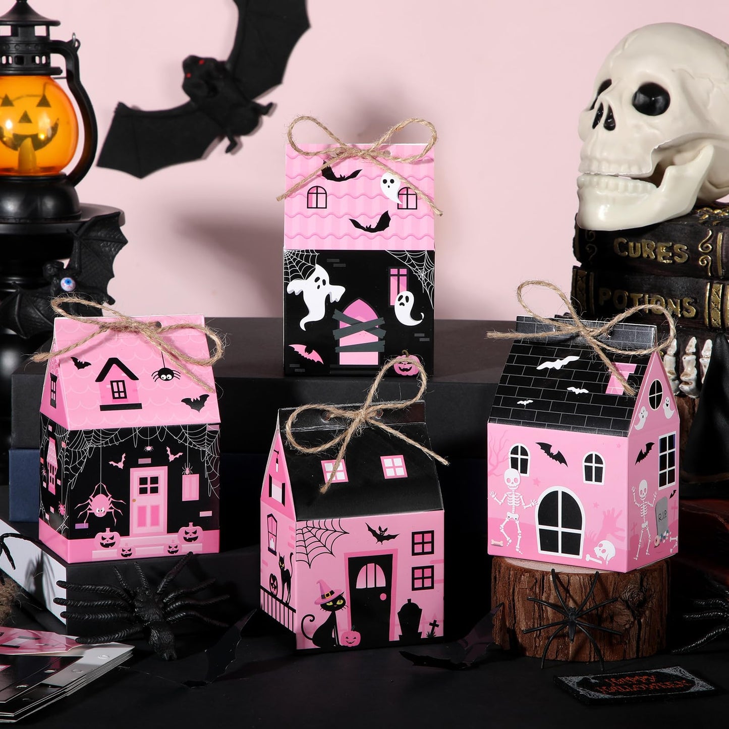 Zhanmai 48 Pcs Pink Halloween Treat Boxes Mini Black Castle House Candy Pink Box Small Halloween Paperboard Gift Container for Holiday Party Treat Cookie Goodie Snack Gift Packaging