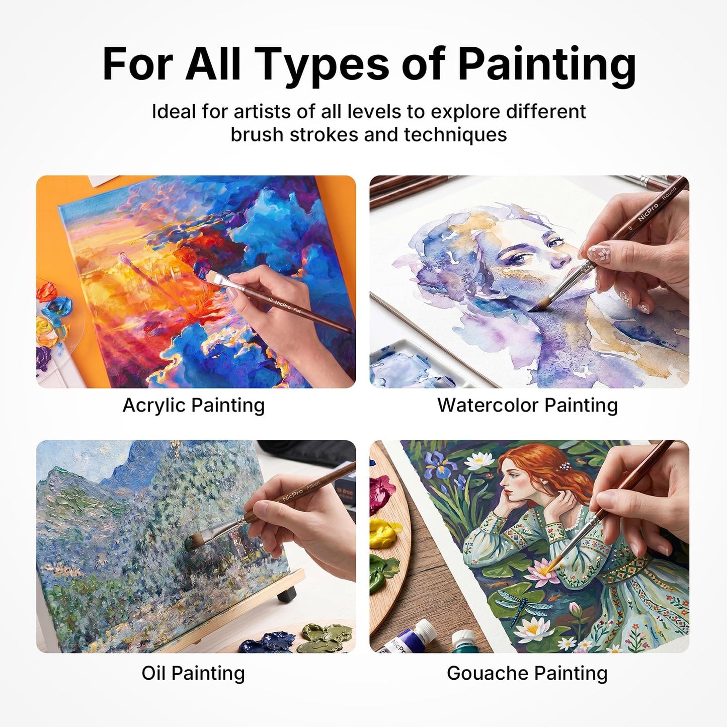 Nicpro 30pcs Paint Brush Set, Professional Paintbrushes with Paint Spatula and Cloth Roll, Craft Paint Brushes for Acrylic Painting, Oil, Watercolor, Gouache, Art Supplies for Artists and Beginners