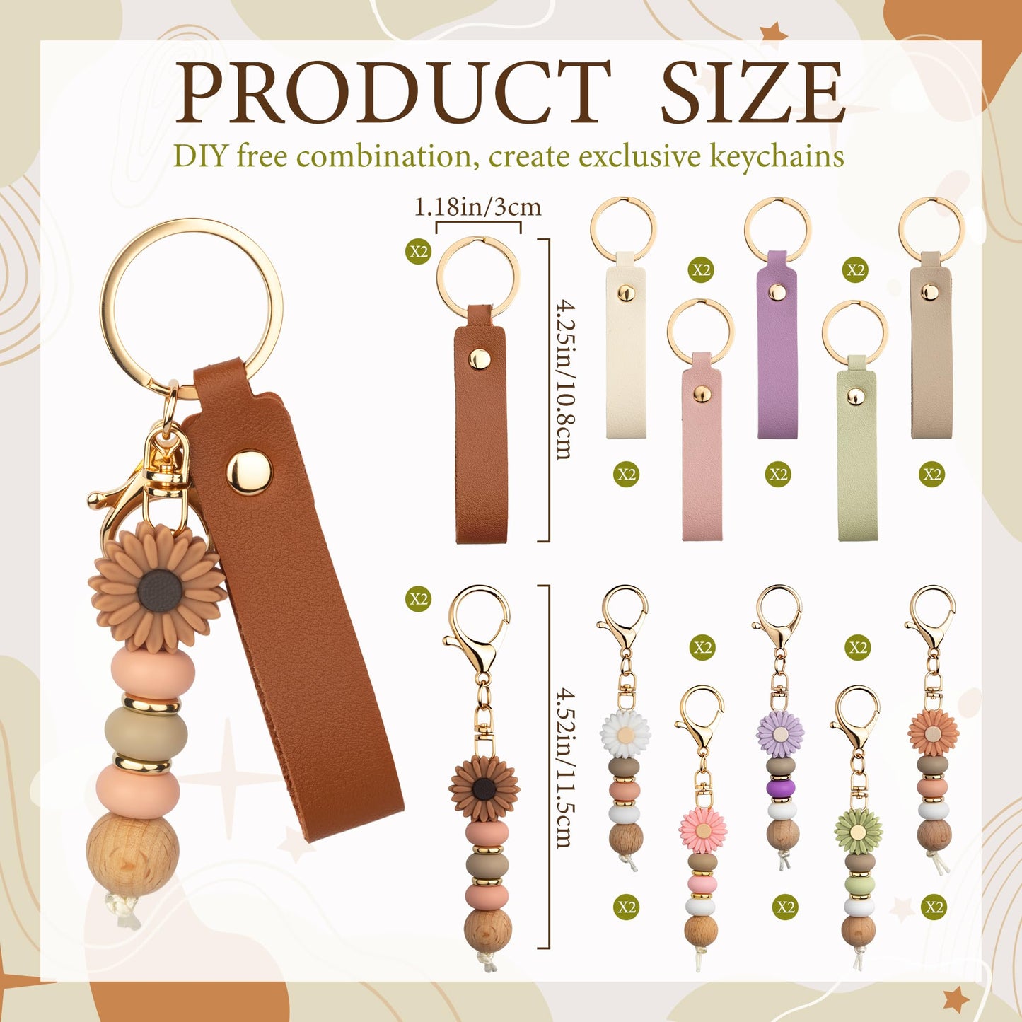 Starry 24PCS Daisy PU Leather Beadable Keychain Blanks Bulk Laser Engraving Blanks Keychain Kit for Flower Bag Purse Key Rings DIY