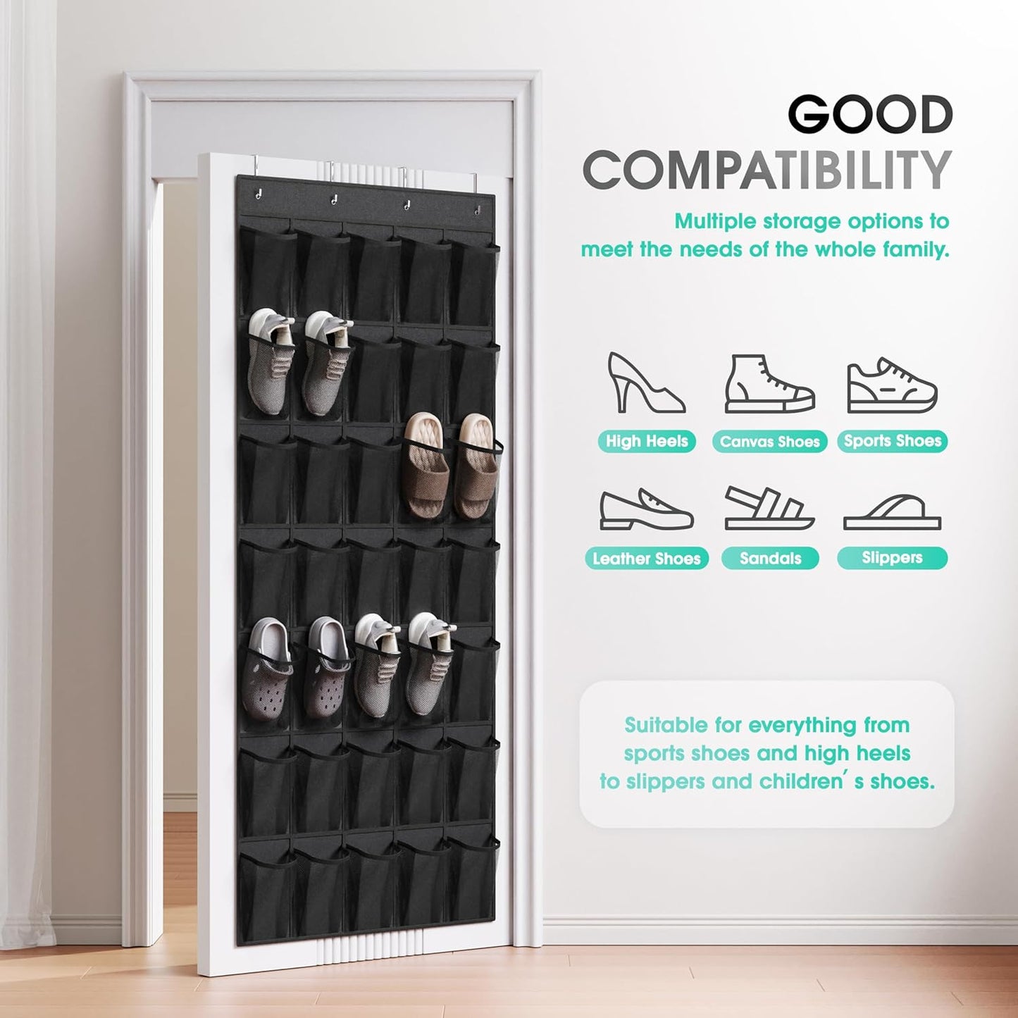WVM 35 4 Closet Over The Door Shoe Organizer with Breathable Mesh Pockets, Hanging Shoe Organizer for Door with Metal