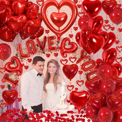 Valentines Day Decorations with Red I Love You Balloons and Fake Rose Petals for Wedding Bachelorette Party, Red Heart Balloons and Love Balloon for Anniversary Romantic Decorations