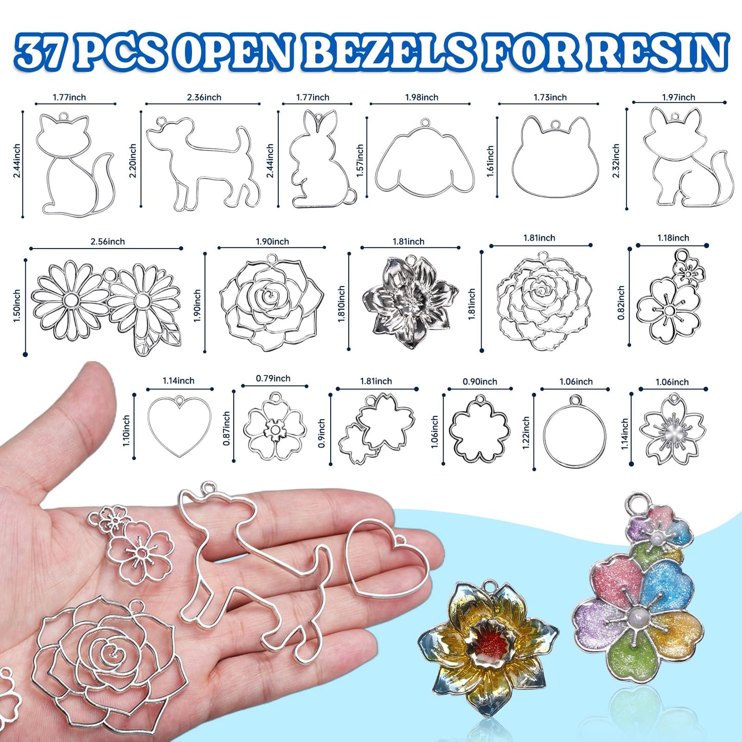 LET'S RESIN Keychain Molds 37Pcs, Silver UV Resin Molds for Beginners, Open Bezel Flower & Animal Molds for Keychain, Jewelry & Pendant Making
