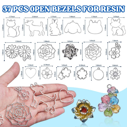 LET'S RESIN Keychain Molds 37Pcs, Silver UV Resin Molds for Beginners, Open Bezel Flower & Animal Molds for Keychain, Jewelry & Pendant Making