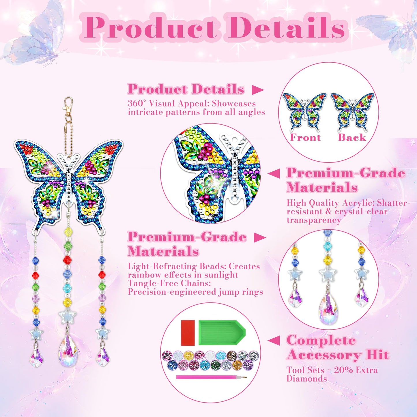 4Pcs Diamond Art Kits for Kids/Adults, Crafts for Kids Ages 8-12, Birthday Gifts for 6 7 8 9 10 11 Year Old teen Girl, Diamond Painting Kits wind chimes Crystal Window Suncatcher, Home Garden Decor
